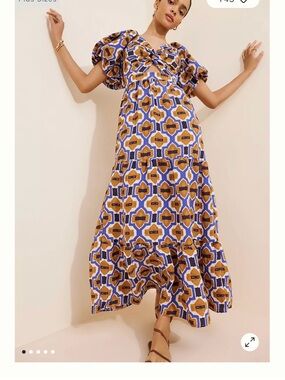 Anthropologie Blue and Mustard Geometric Knot-Front Maxi Dress